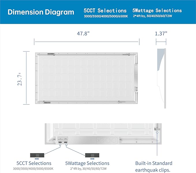 2x4 FT LED Light Flat Panel, 40-72W, 5 CCT 3K | 3.5K | 4K | 5K | 6.5K, Dimmable Recessed Drop Ceiling Lights, 3750/5000/6250/7500/9000 Lumens, Lay in Fixture for Office, 120-277V, UL DLC(24 Pack)