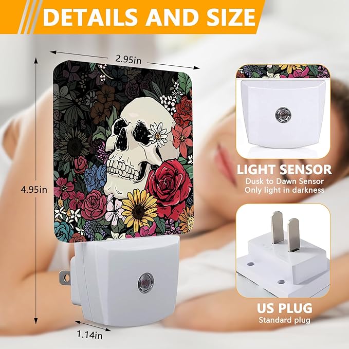 GANTINIR Halloween Skull Night Light, Plug-into Skeleton Flower Floral Nightlight White LED Lamp, Energy Efficient Decor Desk Lamp for Bedroom Hallway Stairs Bathroom