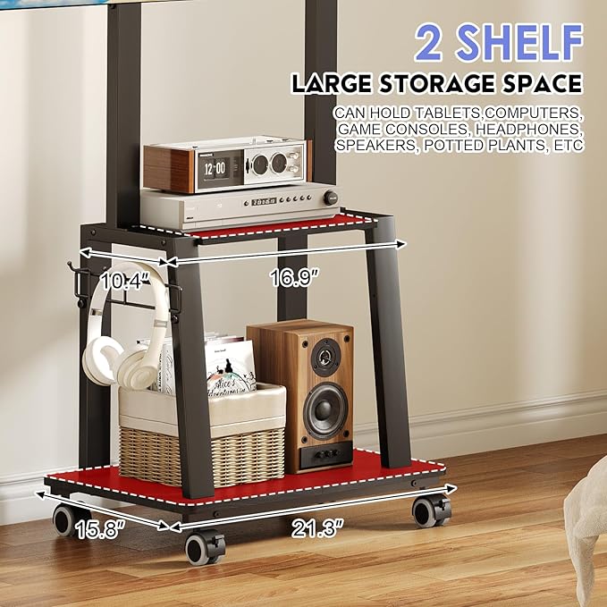 Rolling TV Stand on Wheels for 23-60Inch Flat/Curved Screen TVs,Tilt Mobile TV Cart with 2 Shelves,Portable TV Stand with Adjustable Height Holds up to 50lbs for Indoor Outdoor Max VESA 400x400mm