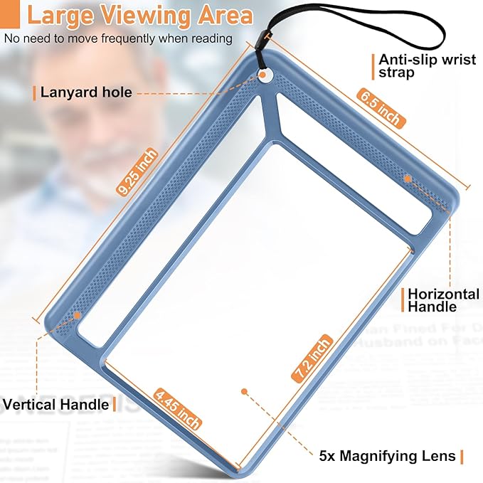 5X Full Page Magnifying Glass for Reading, Lightweight Rectangular Magnifier Provides Large Book Page Viewing Area, Handheld Magnifier for Reading Small Prints for Seniors, Low Vision-Blue