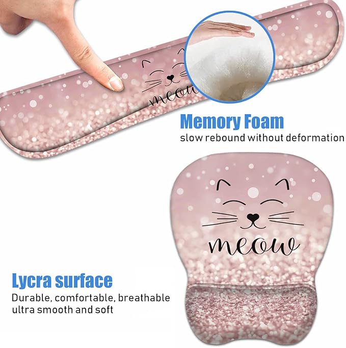 Ergonomic Mouse Pad Wrist Support and Keyboard Wrist Rest Set with Coasters, Non-Slip PU Base, Easy Typing & Pain Relief for Computer Laptop Home Office, Cute Cat Face Smile Meow