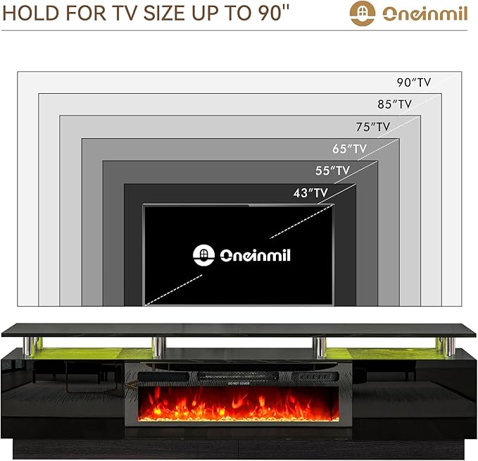 oneinmil Fireplace TV Stand with 36” Electric Fireplace, 2 Tier TV Console Stand for TVs Up to 90"", LED Light Entertainment Center, Fireplace for The Living Room TV Stand, Black, 80''