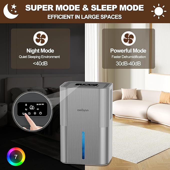 Aerbyon Dehumidifiers for Home 95 OZ Water Tank(1000 sq. ft) Dehumidifier for Bathroom with Auto Shut Off,7 Colors Light, Quiet Sleep Mode Dehumidifier for Bedroom, Basement, RV, Closet