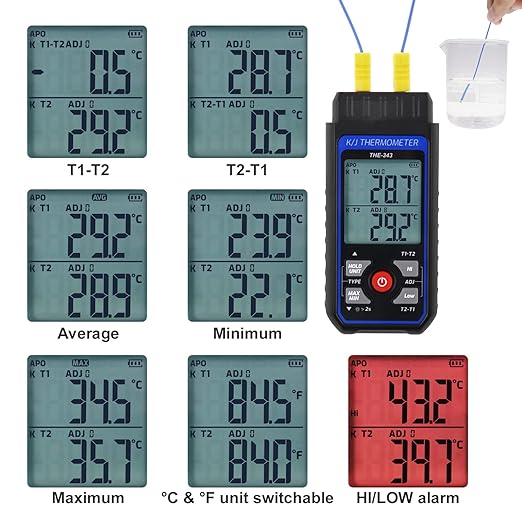 Thermocouple Thermometer Digital K Type Thermometer with 4 Thermocouples, -328~2500℉ Measuring Range HVAC Dual Channels Temperature Meter Gauge with LED Backlight & ADJ Compensation