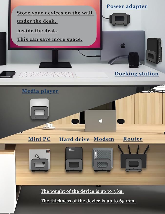 NOTMBESTM Adjustable Wall Mount Shelf Holder for Mini pc, WiFi Router, Modem, Universal Cable Box Mount Fit for Mac mini, TV Box, Media Players and Other Devices with Thickness Up to 65 mm (Black)