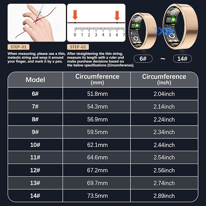 Smart Health Ring for Women Men, Fitness Tracker Ring with Heart Rate, Blood Oxygen, Sleep Tracker, Step Tracker, No Subscription Fee, IP68 Waterproof Smart Ring for iphone & Android (Rose Gold, 14#)