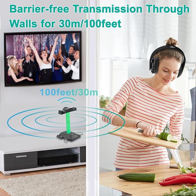 WallarGe Dual Wireless Headphones for TV Watching with RF Transmitter, Bluetooth Over-On Ear TV Headphones Wireless for Seniors, No Lip-Sync Delay, Plug & Play. Set of Two
