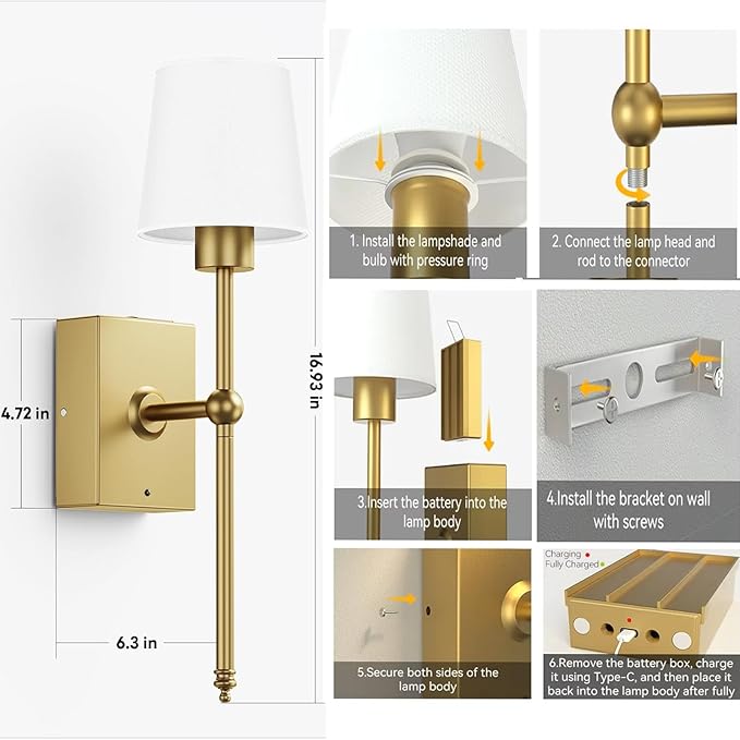 Upgrade Battery-Operated Wall Sconces Set of 2 pieces: Rechargeable Wall Lights 8000mAh with Remote Control, Gold Wireless Battery Powered Wall Lamp Wall Scone for Living Room Bedroom Hallway Bathroom