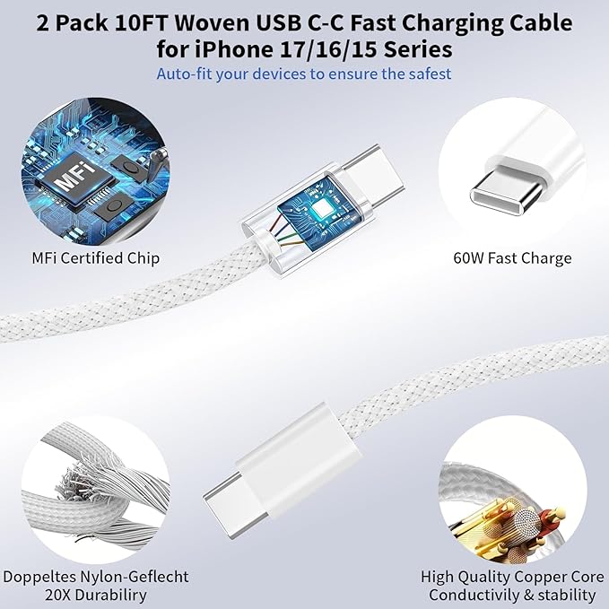 2 Pack Fast Charger iPhone 17/16/15,40W USB C Dynamic Apple Adapter with 60W Max 10FT Type C-C Fast Charging Woven Cable 40W Apple Wall Charger for iPhone 17 Pro/17 Air/16e/16/15Plus,iPad Pro/Air/Mini