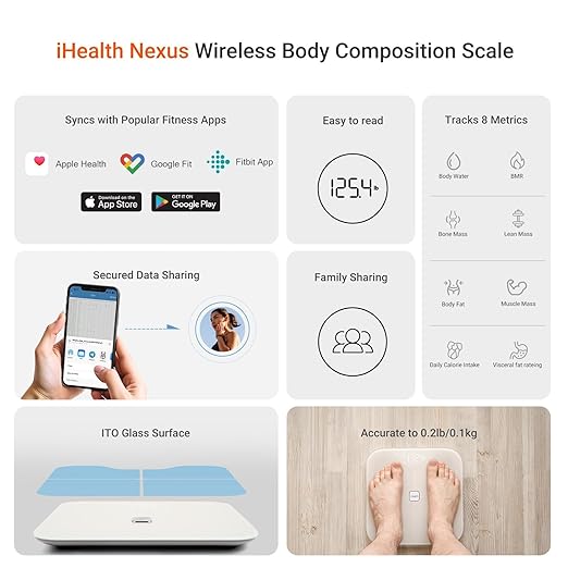 iHealth Nexus Smart Scale for Body Weight Bluetooth, Digital Bathroom Scale Body Fat and Muscle, Body Composition Monitor Health Analyzer for BMI Compatible for iOS & Android Accurate to 0.1lb-White