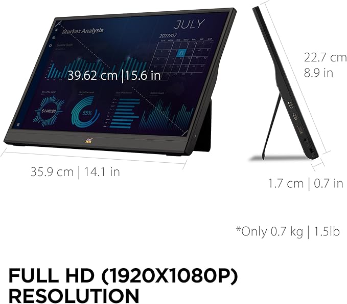ViewSonic VA1655 15.6 Inch 1080p FHD IPS Portable Monitor with Built-in Stand, 60W USB C, Mini HDMI, Protective Case and Speakers for PC, Mac, Gaming Consoles, Phones