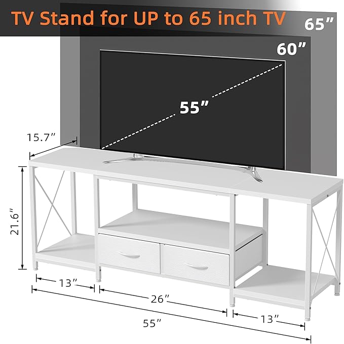 GYIIYUO TV Stand with Fabric Drawers for 55 60 65 Inches TV - Entertainment Center and Industrial TV Console Table with Open Storage Shelves for Living Room, Bedroom - 55.1" White