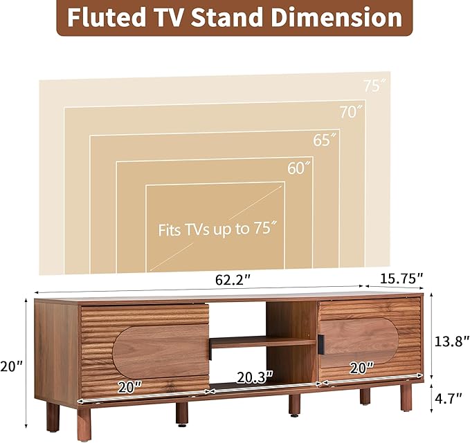 Bifins 63inch Wood TV Stand for Televisions up to 70 Inches,Mid Century Modern Entertainment Center TV Console Table with Storage and Shelf for Living Room Bedroom (Walnut)