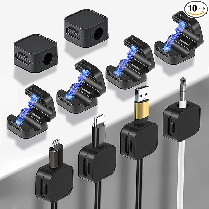 10 Pack Desk Cable Strong Adhesive Management Clips，Organize Phone Charging Magnetic Cable Wire Holder, Easy to Open, for Desk, Wall, Office, Car,Nightstand(Black)