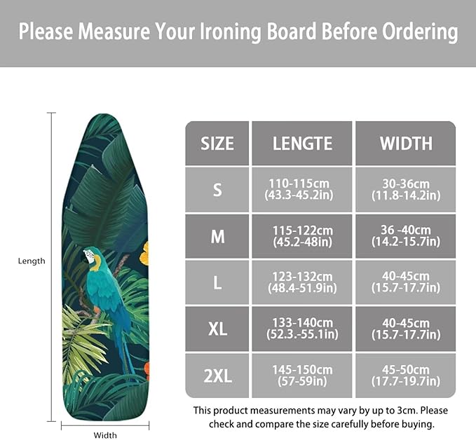 ZCFYGDX Ironing Board Cover Easy Install with Elastic Edge 3 Bottom Nylon Buckle Straps Breathable Ironing Decor Suitable for Wide Ironing Board House Decor Parrot Palm Leaf Print Size-L