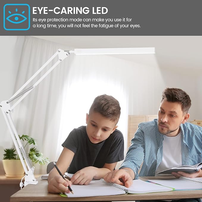 TROPICALTREE LED Desk Lamp for Home Office, Clamp-On with 3 Light Modes | 14W Adjustable Brightness 5000K Eye-Caring Lighting for Study/Bedroom/Computer Desk (White)