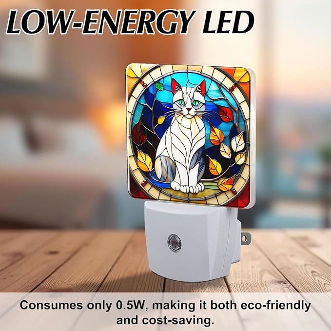 PODMemory Cat Stained Glass Night Lights Plug into Wall for Room, Cat Night Light LED for Bedroom