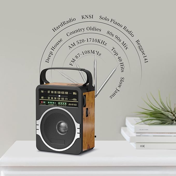 JEUJUG Portable AM FM Radio, Bluetooth 5.0 Radios 5 Watts Loud Speaker,FM Radio Built-in Rechargeable Battery/DC D*4 Cell Battery Operated & AC Power Plug in Wall Retro