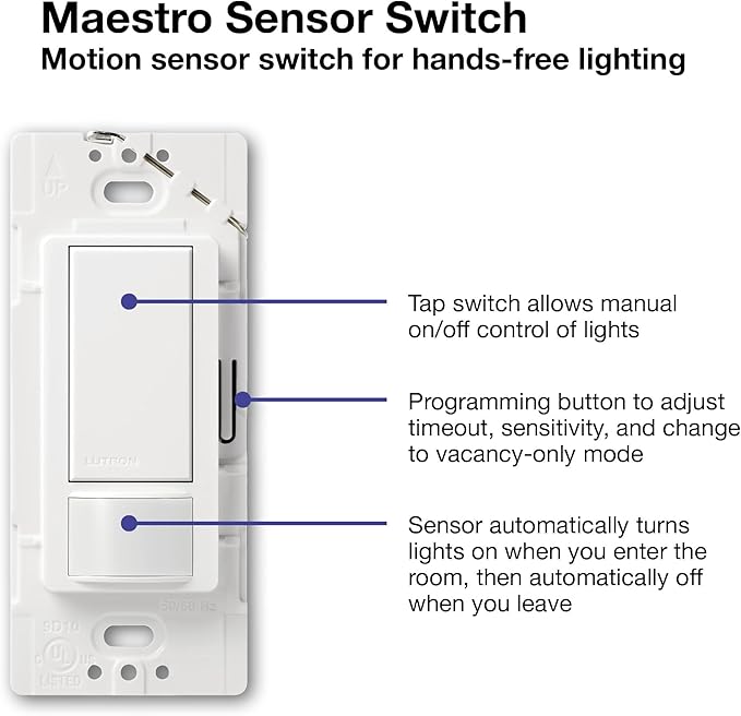 Lutron Maestro Motion Sensor Light Switch Indoor for Bathroom, Garage, Laundry Room, Any Bulbs, Occupancy Vacancy Sensor, Single-Pole, MS-OPS2-PD, Palladium