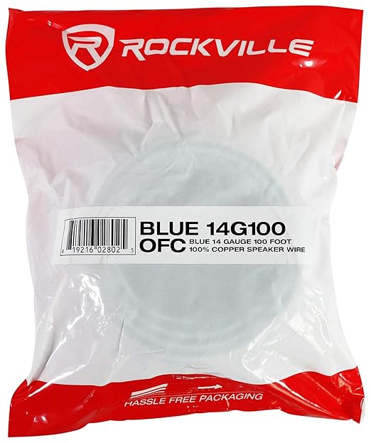 Rockville Blue 14G100 14 Gauge 100 Ft Speaker Wire, 100% OFC Copper, Marine-Grade Tinned, Flexible, Low Resistance, for Car, Marine, and Home Audio