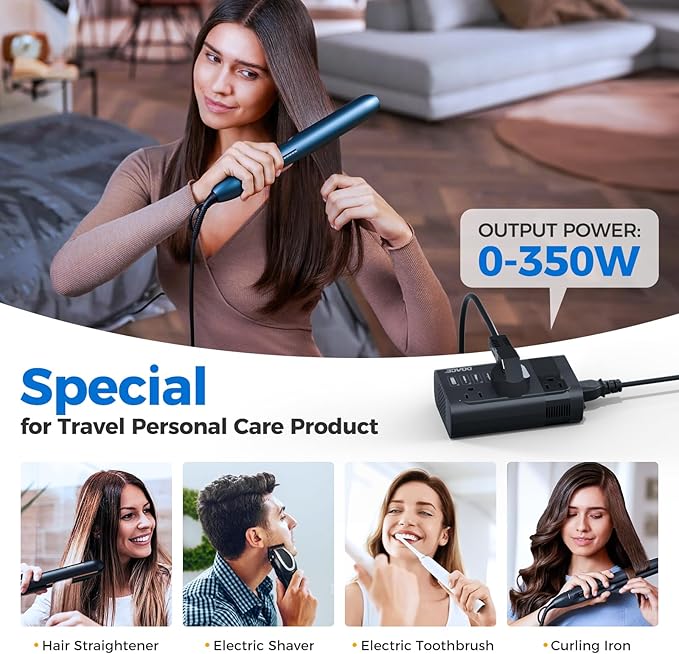 Upgraded 220V to 110V Converter for European Travel- 350W Voltage Converter US to Europe for Using Most U.S. Travel Devices Abroad- Hair Straightener Curler Shaver Toothbrush Laptop Camera Phone