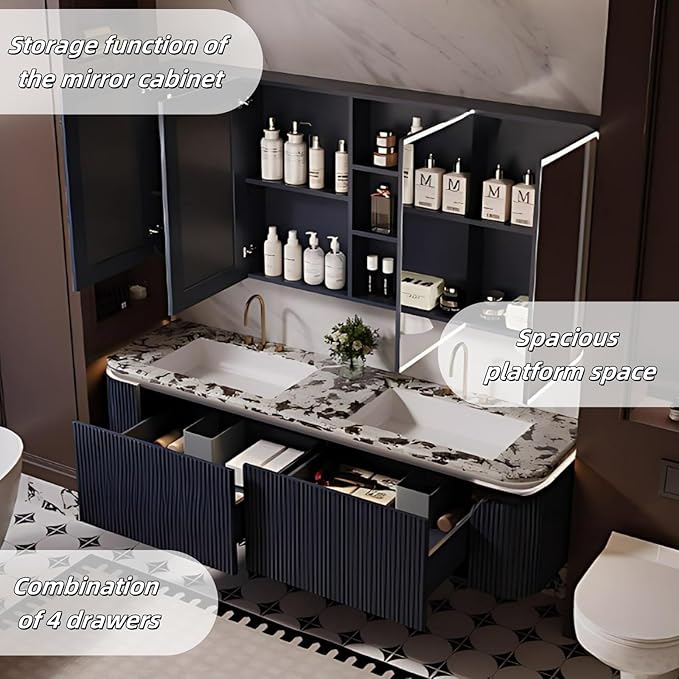 Bathroom Vanity with Double Sinks - LED Smart Defogging Mirror & Equipped with Tissue Hole | Modern Double Sink Bathroom Cabinet, 2 Drawers & Wavy Panel, Dark Blue (Mirror, 52IN)