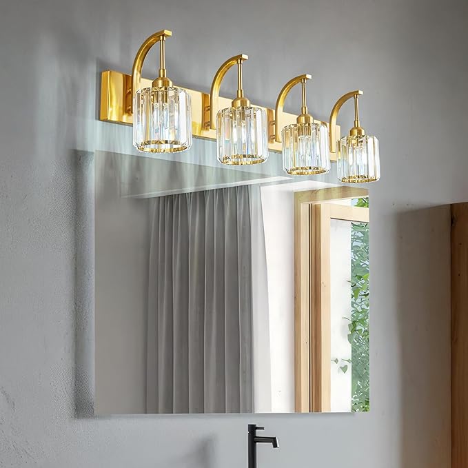 FDPBY 4-Light Crystal Vanity Light, Modern Gold Bathroom Wall Sconce with K9 Crystal Shades, 32.67" Long Over Mirror Lighting for Vanity, Makeup, Hallway, Elegant & Easy Install