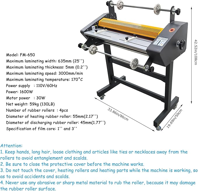 Banfluxion 25" Electric Auto Double-Sided Laminator, 110V Thermal Roll Laminating Machine with Stand for Cold/Hot Laminating of Photos & Posters, 635mm Width with 4 Rubber Rollers