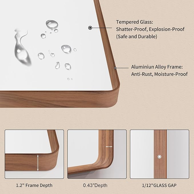 LOAAO 48X30 Inch Bathroom Mirror with Wood Grain Colored Metal Frame, Rounded Rectangle Metal Framed Bathroom Mirror, Anti-Rust, Hangs Horizontally or Vertically, Tempered Glass