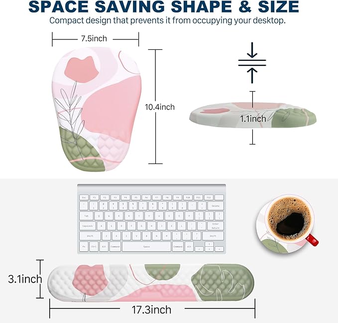 Hasinart Ergonomic Mouse Pad and Keyboard Wrist Rest with Massage Design, Space-Saving Mouse Pad Wrist Support, Memory Foam Wrist Rest with Non-Slip PU Base for Computer Desk, Rose