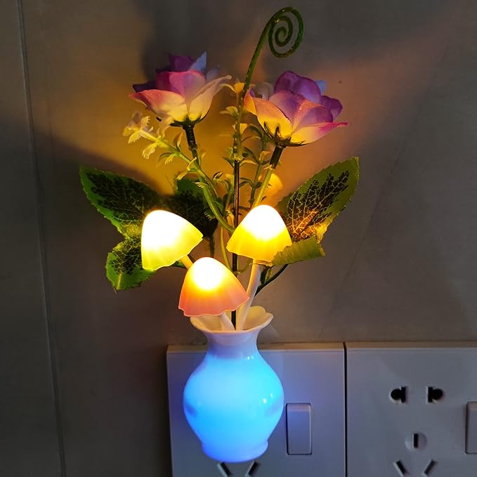 AUSAYE 3Pack Sensor Night Lights Plug into Wall Rose Flower Light, Led Lamp Dream Nightlight Mushroom Night Lights for Kids Adults Room,Bathroom,Kitchen,Hallway