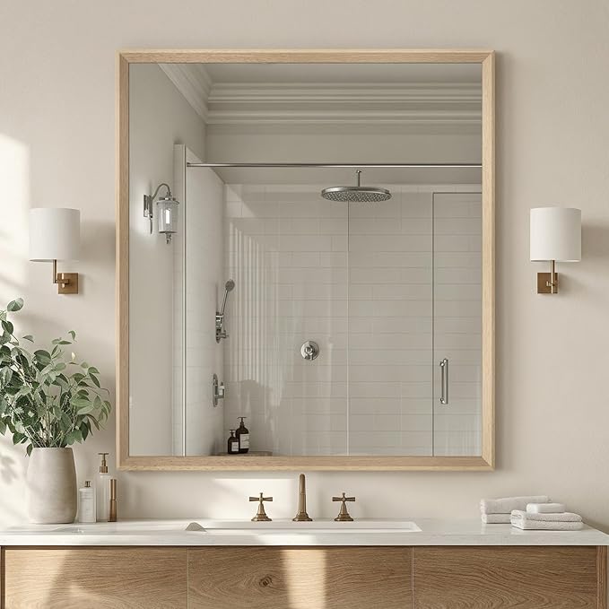 Oak Wood Effect Framed Wall Mirror, 36x40 Rectangle Mirror, Anti-desilvering Tempered Glass, Sustainable& Sturdy Frame, Anti-Rust, HD Reflection &3min Fast Setup for Bathroom Living Room