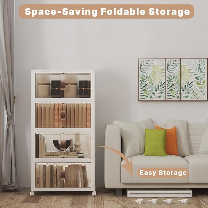 Extra Large Stackable Storage Bins with Lids & Wheels, 330QT-55QT/14GAL*6Pack Foldable Collapsible Closet Organizers Storage Cabinet with Doors for Bedroom Dorm