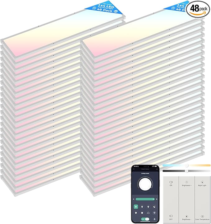 AIKVSXER 48 Pack 1x4 FT LED Flat Panel Light Surface Mount, with Wireless Switch & App Control, Night Mode, 50W 5500LM, 3000K/4000K/6500K, Ultra-Thin LED Light for Office Home,120-277V - White