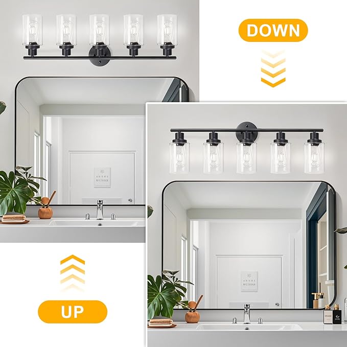 Unicozin Modern Bathroom Light Fixtures, 5 Light Vanity Lights, Black Wall Lamp with Clear Glass for Bathroom, Mirror, Living Room, Bedroom, Hallway, E26 Base