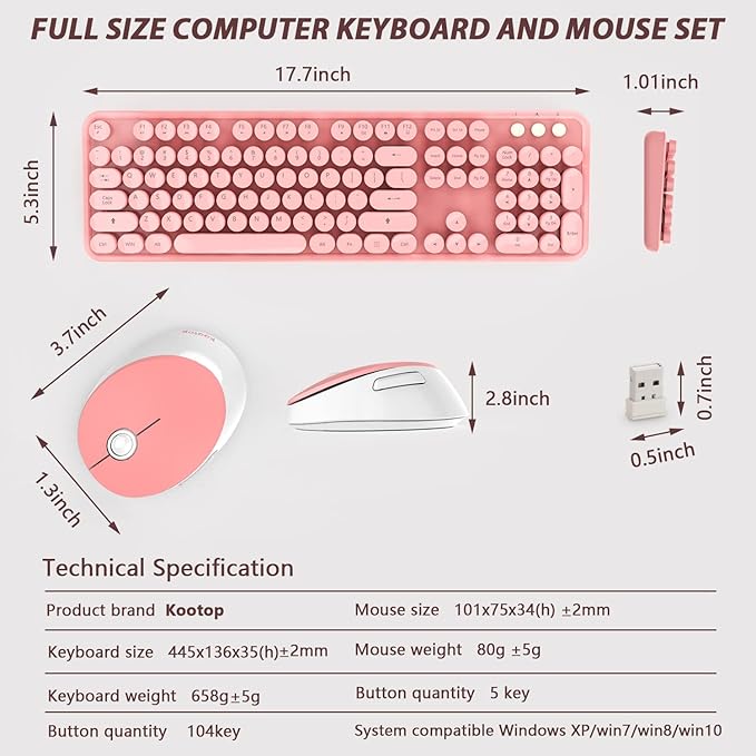 Kootop Wireless Keyboard, Cute Colorful 104 Keys Typewriter Retro Round Keycaps Keyboard for PC Laptop,Desktop,Windows, Home and Office Keyboards (Pink)