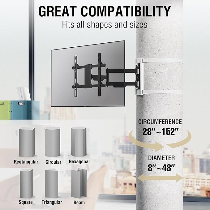 CondoMounts CLMTVA1044 Full Motion Large Pillar TV Mount | Column | Round & Square TV Post Mount | NO Drill | Holds 80lbs | Fits 32-in. to 70-in. TVs | Fits Pillars 8-in & Wider | White Strap