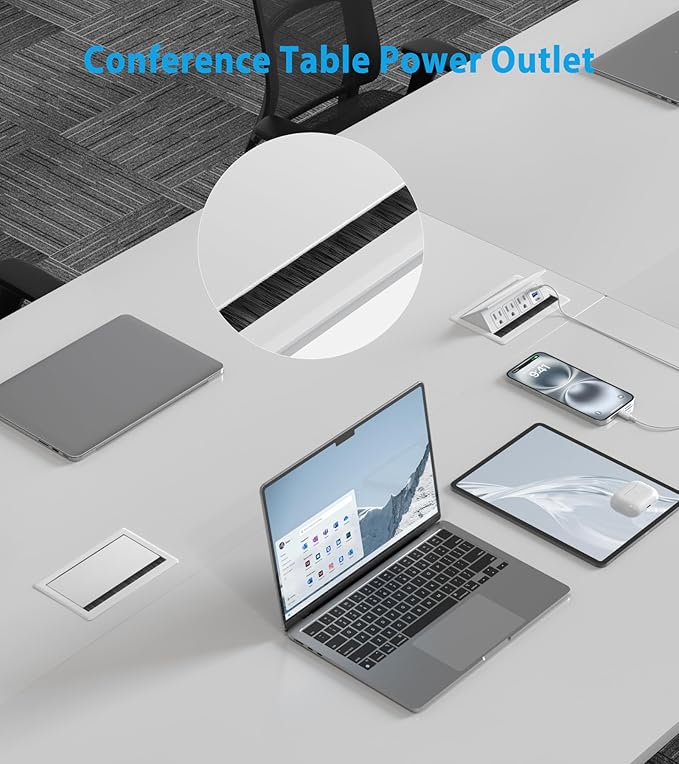 Recessed Conference Table Power Hub with 20W USB-C PD Fast Charging, Flush Mounted for Desks, Kitchens & RVs, 6FT Power Cord (White)