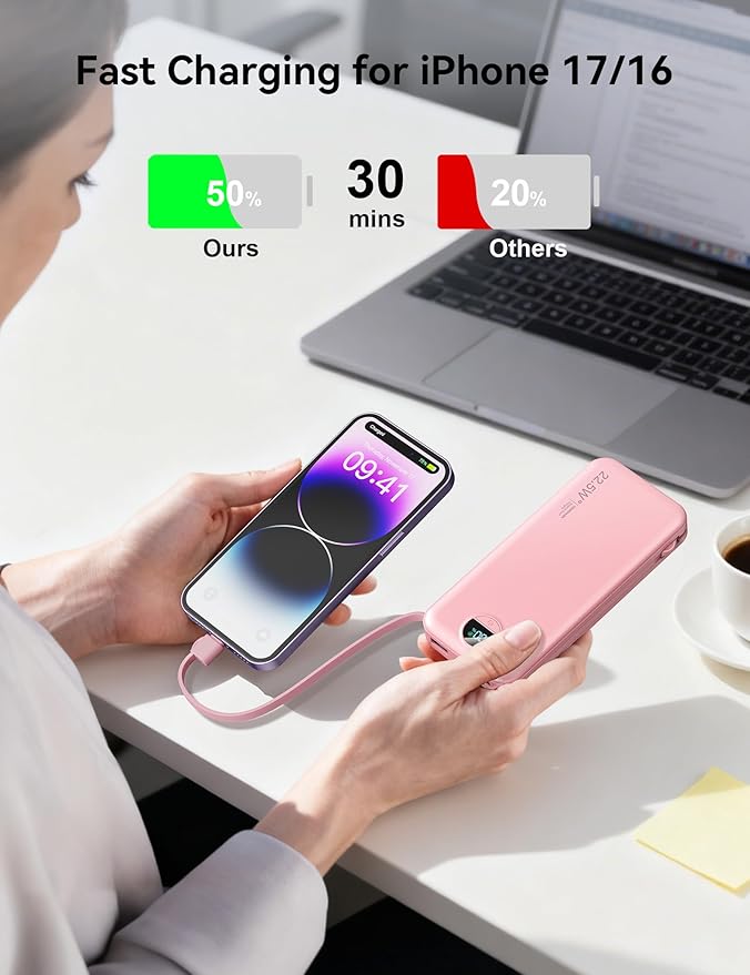 Ultra-Portable-Charger-Power-Bank with Built in Cables&AC Wall Plug,12000mAh PD20W USB-C Fast Charging Cell Phone Charger Battery Pack,LED Display Travel Battery Bank for All iPhone,Samsung,Android