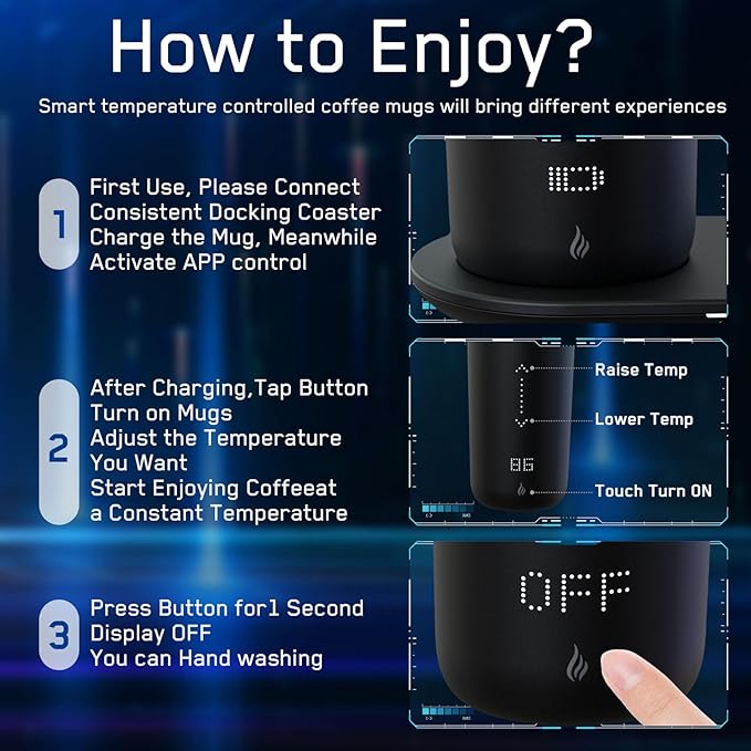 Temperature Control Heated Coffee Mug Smart Self Heating Travel Mug 12 Oz App Controlled Warmer Mug 4-10 Hour LED Display Keep Coffee Hot Fast Wireless Charger Base Dull Black