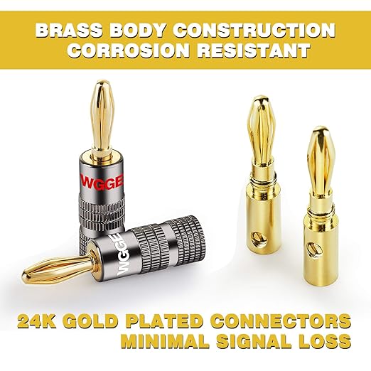 WGGE WG-029 Banana Plugs Audio Jack Connector, 24k Gold Dual Screw Lock Speaker Connector for Speaker Wire, Wall Plate, Home Theater, Audio/Video Receiver, and Sound Systems ((6 Pairs (12 Plugs)))