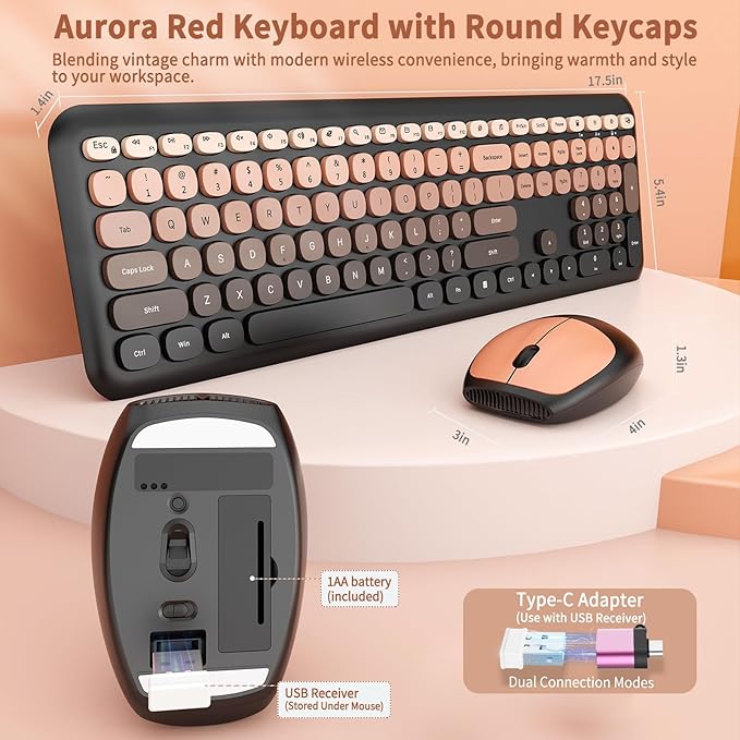 HotFox Wireless Keyboard and Mouse Combo, Full-Size Retro Typewriter Keyboard with Round Keycaps, Ergonomic Design for Windows PC, Home and Office Use -Red