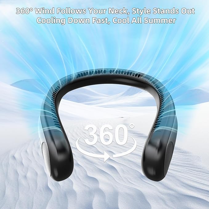 Portable Neck Fan,Personal Wearable Bladeless Fan,LED Display,4-Speeds,6000mAh USB Rechargeable,360° Strong Cooling Wind,Hands Free,White Elephant Gift,Christmas Gifts for Men Women Dad Mom (Black)