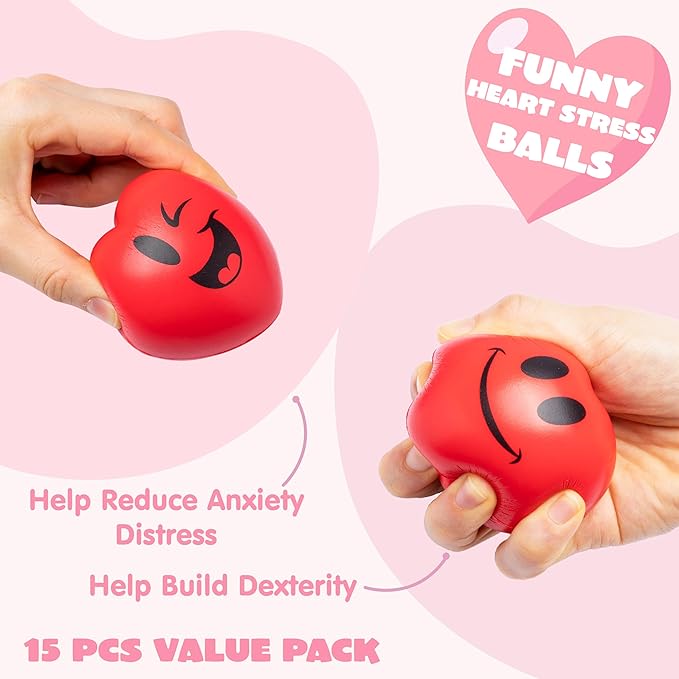 JOYIN 15 Pcs Valentines Day 3 inch Heart Stress Balls Stress Relief Heart Shaped Stress Ball Squishy Toys for Kids and Adults Party Favors, Valentines Day Gifts