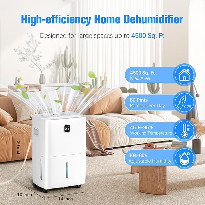 DEVERSE Max 80 Pints Energy Star Dehumidifier for Home/Bedroom/Basement, 4500 Sq.Ft Coverage, with Drain Hose, Smart Humidity Control & Large Tank