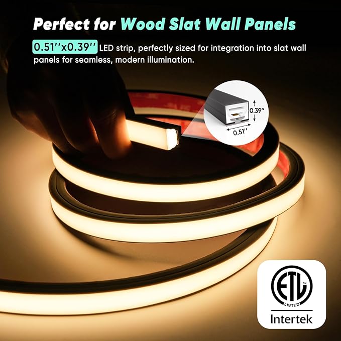 GZBtech Flexible LED Recessed Strip Light for Wood Slat Wall Panels 16.4FT, 3000K Warm White Cuttable Neon Rope Lighting with Remote Control, Dimmable IP67 Waterproof Black Strip Lights, ETL Listed