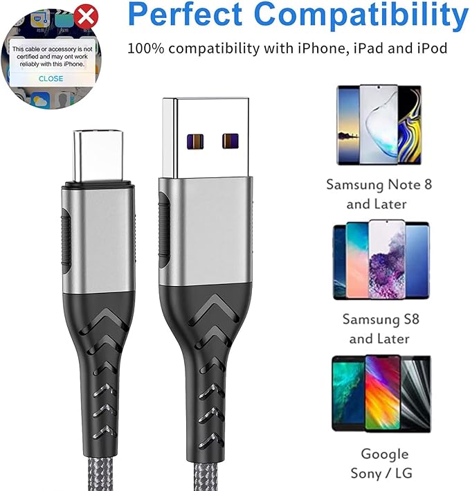 Durcord 16ft Fast Charging USB Type C Charging Cord Cable, Type C Charger Braided USB Cable Compatible with iPhone 15 Pro/Plus/Max/Android/Phone/Pad - Silver