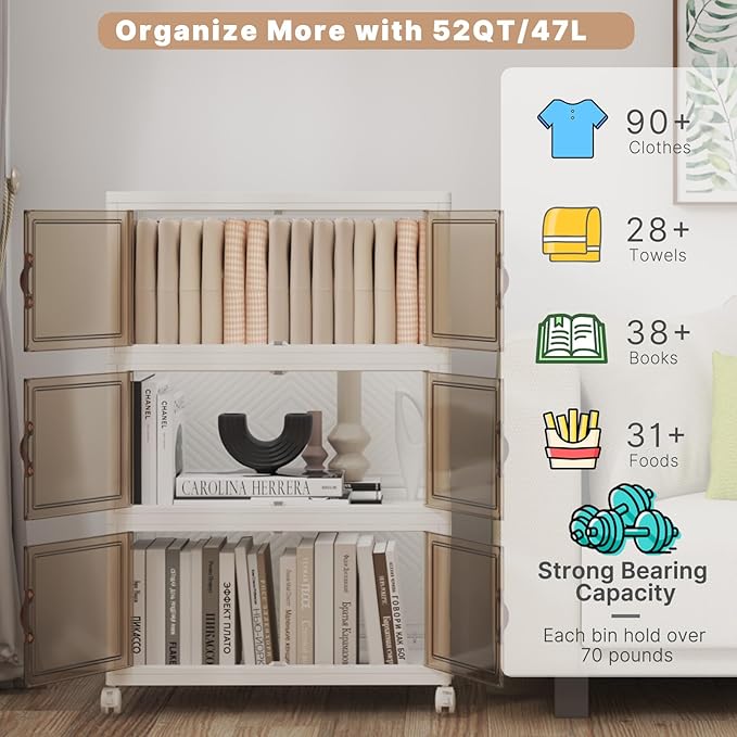 Extra Large Stackable Storage Bins with Lids & Wheels, 165QT-55QT/14GAL*3Pack Foldable Collapsible Closet Organizers Storage Cabinet with Doors for Bedroom Dorm