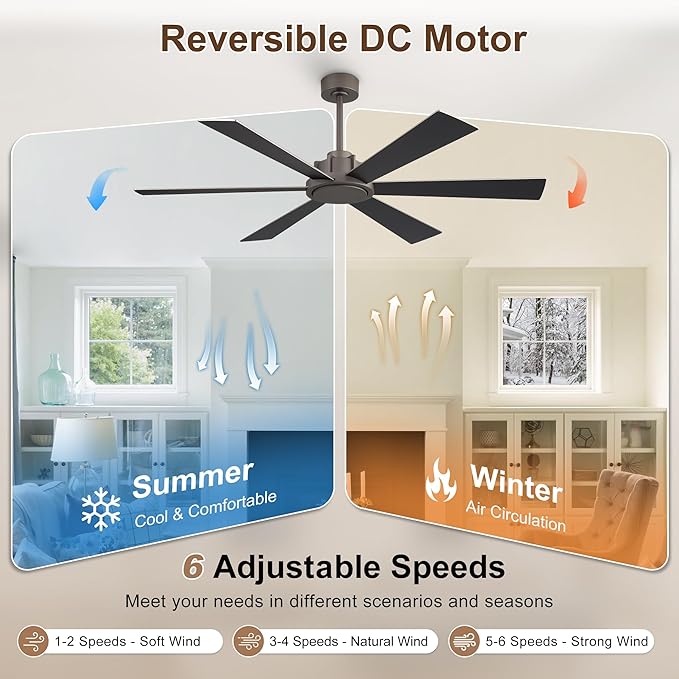 WINGBO 60 Inch Ceiling Fan without Light - 6 Plywood Blades, 6-Speed Reversible DC Motor, Noiseless Remote Control Ceiling Fan No Light for Bedroom Living Room Kitchen, Charcoal Gray and Wood/Black