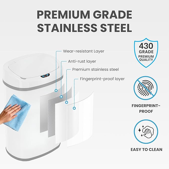 iTouchless 13 Gallon Oval Sensor Trash Can with Odor Filter, Automatic Motion Sensor Kitchen Bin, Soft-Close White Steel, Slim Curved Design for Nursery, Bathroom & Clinic